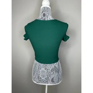 Green Ribbed Short Sleeve V Neck Crop T-Shirt Top Size Small thumbnail 5