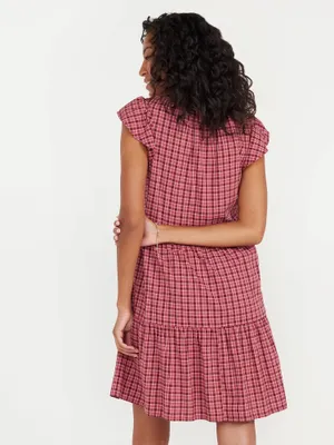 {TIME and TRU} Red Plaid Flutter Sleeve Tiered Prairie Mini Dress thumbnail 2