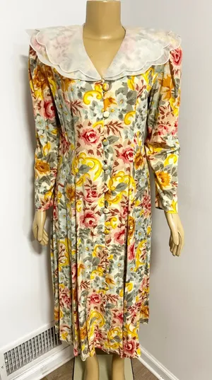 Leslie Fay Vintage Floral Midi Dress Petite 12 Scalloped Sheer Collar Rayon Pink thumbnail 1