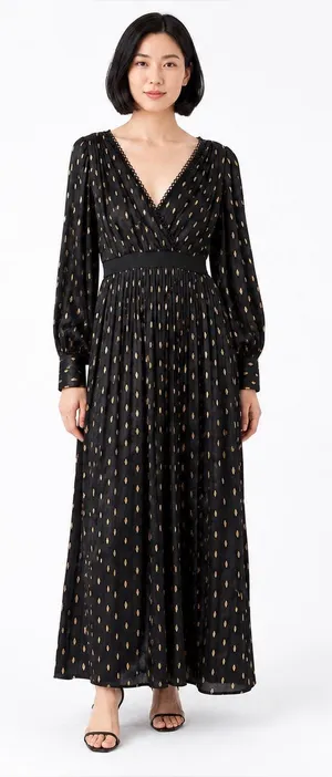 Little‎ Mistress Black & Gold Foil Leaf Pleated Maxi Dress UK 8 US 4 NWT thumbnail 1