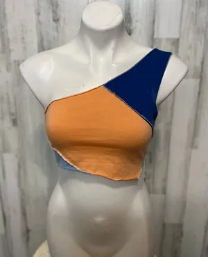 Color Block One Shoulder Crop Top Womens Size Small Orange Blue Raw Hem Festival thumbnail 1
