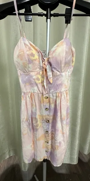 AUW Pastel Tie‎ Dye Milkmaid Mini Dress - Size M - Smocked Back & Button Front thumbnail 1