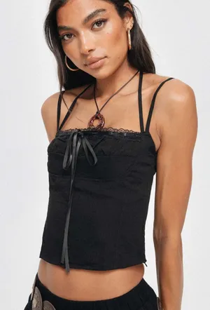 Princess Polly Trynia Black Lace-Trim Strappy Top thumbnail 1