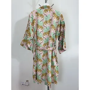 Women’s Cotton Robe Long Kimono Green Cheetah Print Jungle Loungewear Size 12 thumbnail 5