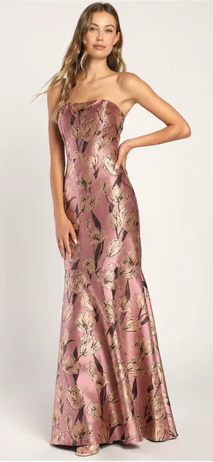 LULU’S Gowning Around Mauve Floral Jacquard Strapless Maxi Dress thumbnail 1
