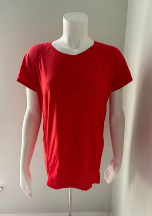 Athleta Momentum Seamless Short Sleeve Tee, Cardinal Stripe, Size Large thumbnail 1