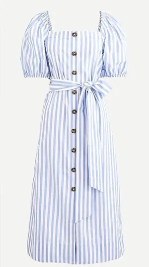 J. Crew Light Blue & White Striped Puff-Sleeve preppy summer Midi Dress XXS thumbnail 1