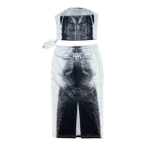 Cider | Black & White Tube Abstract Crop Top & Mid Rise Two-Piece Midi Skirt Set thumbnail 6