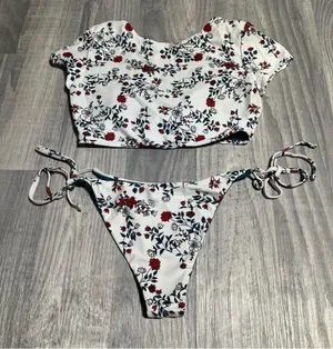 Zaful Teal Green White Floral Swim Suit Bikini Set; Medium thumbnail 12