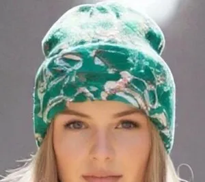 New FREE PEOPLE Jumping Jacquard Beanie Green Floral knit hat FP Movement thumbnail 1