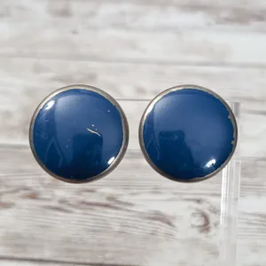 Vintage Clip On Earrings - 1 & 1/8" Blue Large Circle - Paint Chipping thumbnail 3