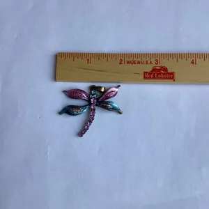Vintage fairy cottagecore Dragonfly pendant with purple and teal rhinestones. thumbnail 10