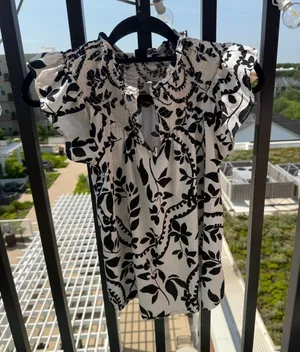 Ann Taylor Black and White Floral Smocked Sleeve Blouse thumbnail 1
