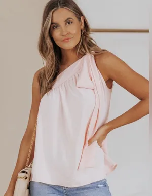 Asymmetrical Tie On One Shoulder Sleeveless Top in Light Pink thumbnail 1