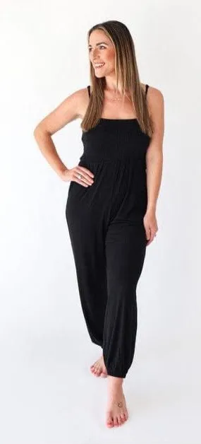 Posh peanut Bamboo Smocked Spaghetti Jumpsuit - Black Ribbed size L thumbnail 1