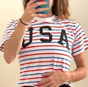 Mighty fine USA Striped Short Sleeve Crop Top Patriotic Tee Sz Medium thumbnail 1
