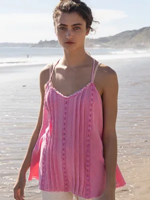 NEW POL Cotton Gauze Lace Trim Floral Cami Tank Candy Pink Flowy A-Line Large thumbnail 5