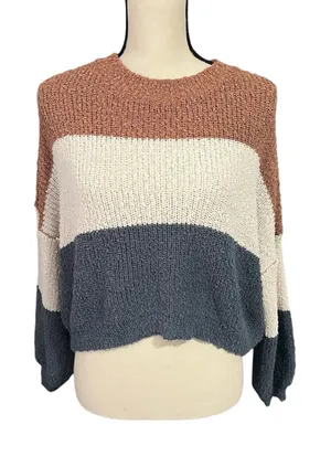 Debut NWOT Women's Brown Cream Blue Wide Stripe Cropped Sweater Sz M Cozy thumbnail 1