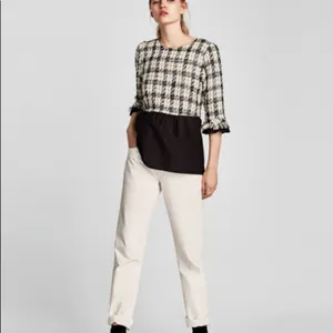 Zara Tweed Houndstooth Peplum Top Fringe Trim Contrast Blouse XS EUC thumbnail 2