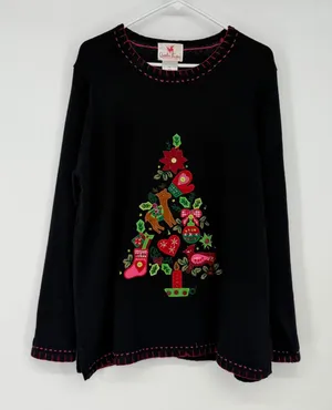 Quacker Factory Womens XL Black‎ Christmas Tree Embroidered Sweater Ramie Cotton thumbnail 1