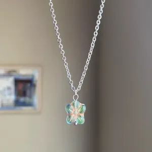 Handmade retro vintage chic whimsical style quality Czech glass flower bead simple necklace🩵 thumbnail 1