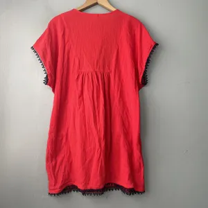J Crew Pom Pom Tunic Top Size Medium Red Blue Gauze Embroidered Coastal Boho thumbnail 4