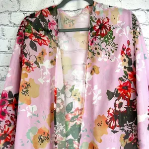 Women's Batwing Floral Chiffon Kimono Beachwear Cover Up Pink L thumbnail 7