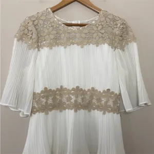 Lulus Westwind White Lace Pleated Tiered Chiffon Dress Crocheted Floral Top Sz L thumbnail 6