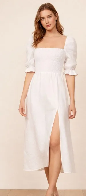 Reformation Marabella Linen Midi Dress White Smocked Puff Sleeve Small Vacation thumbnail 1