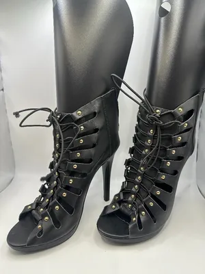 Black Studded Strappy Lace Up Stiletto Heel Ankle Booties Open Toe 6 Rocker Glam thumbnail 3