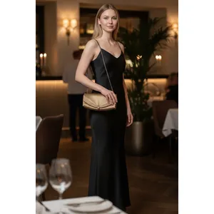 Champagne Gold Satin Evening Clutch Rhinestone Accent‎ Chain Strap Bag thumbnail 2