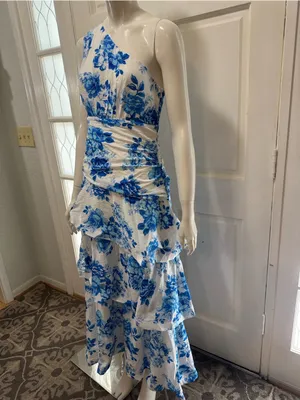 Selfie Leslie One-Shoulder Yellow Dress with Blue Floral Print Size Medium A1 thumbnail 7