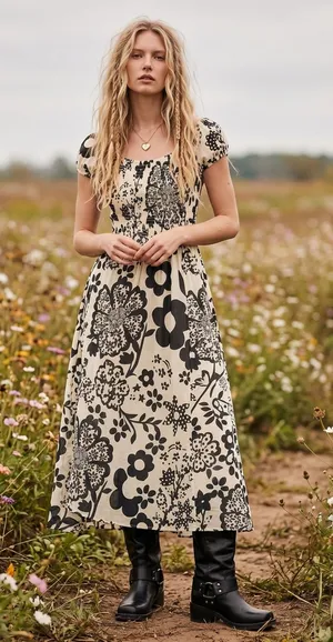 Free People Bohemian Ultraviolet Midi Maxi Dress Black White Floral Large thumbnail 1