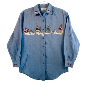 Vtg Christmas Snowman Shirt Chambray Denim Holiday Button‎ Down Top S Festive thumbnail 1