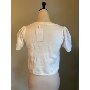 Knit Mix White Floral Embroidered Shimmer Crop Sweater Top Pointelle Puff y2k S thumbnail 6