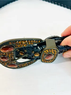 Western Rhinestone Whipstitch Belt with Orange Stones and Black Faux Leather thumbnail 8