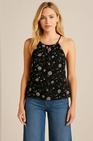 Abercrombie & Fitch Floral Mesh Halter Neck Blouse Top Black sz Medium thumbnail 1