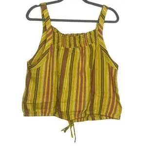 NWT prAna Smocked Sleeveless Tie Little Palm Stripe Cami Crop Top Medium Yellow thumbnail 5