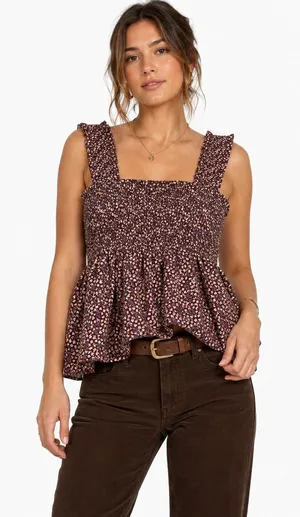 Pleione Smocked Ditsy Floral Peplum Tank Top Burgundy Boho Ruffle Strap Size M thumbnail 1