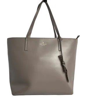 Kate Spade New York Taupe Leather Tote Bag with Glitter Bow Charm Zip Top thumbnail 1