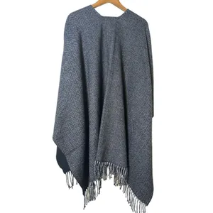 Terra Di Siena Grey and Black Shawl Open Front Wrap with Fringe One Size thumbnail 5