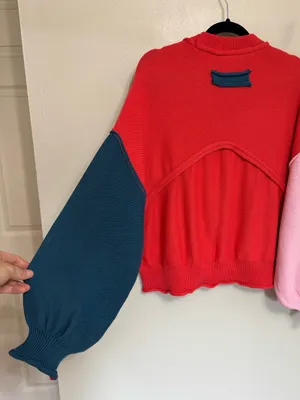 POL Colorblock Oversized Cotton Roll Hem Sweater Red, Pink, and Navy - Size S thumbnail 5