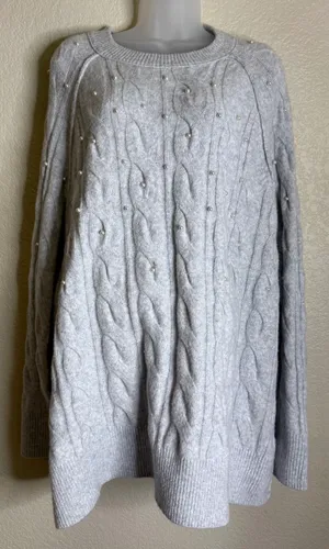 Aerie‎ Women XL Sweater Grey Pearl Embellished Cable Knit Raglan Sleeve Classic thumbnail 1