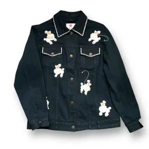 Vintage Y2K Quacker Factory Black Denim Jacket‎ White Poodle Embroidered Dog thumbnail 1