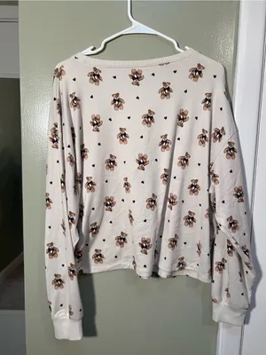 American Eagle Women’s Size Large Lounge Sweatshirt Beige Teddy Bear Print Heart thumbnail 8