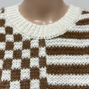 NWOT Blu Pepper Cream & Brown Checkerboard & Striped Sweater Sz S Puffed Sleeve thumbnail 2