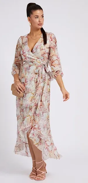 GUESS Floral Wrap Dress Long Sleeve Made in Italy thumbnail 1
