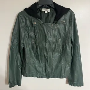 Women's Juniors Harmony & Havoc Faux Leather Jacket Hooded Zipper Size XL Green‎ thumbnail 1