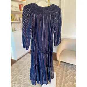 Crown & Ivy Navy Metallic Stripe Maxi Dress Smocked‎ Quiet Luxury Elegant Gala M thumbnail 3