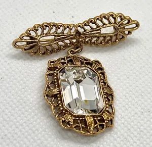 Vtg Exquisite Gold Tone Victorian Art Deco Square Clear Rhinestone Brooch Pin thumbnail 1